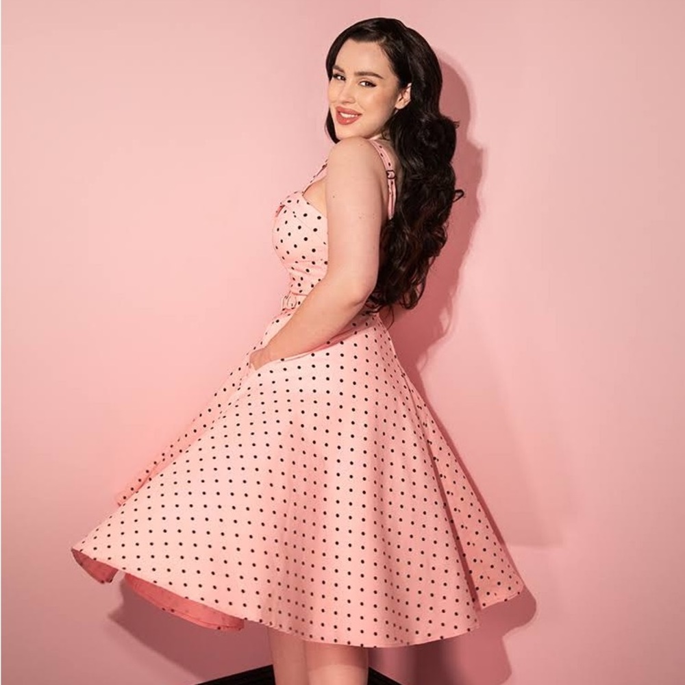 Maneater Swing Dress in Rose Pink Polka Dot - Vixen by Micheline Pitt 3X